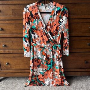 Anne Klein Floral Long Sleeve Dress - Orange and Teal